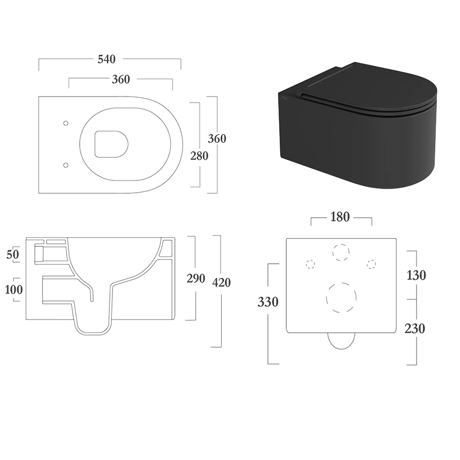 Olympia Monolith Vegghengt Toalett m/Sete - Sort Matt - Bilde 2